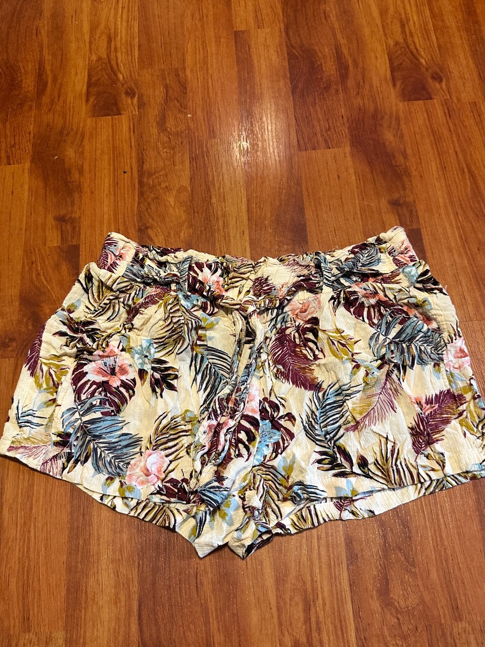Jolt Tropical Floral High-Waist Drawstring Shorts - Cream, Blue, Pink, Brown